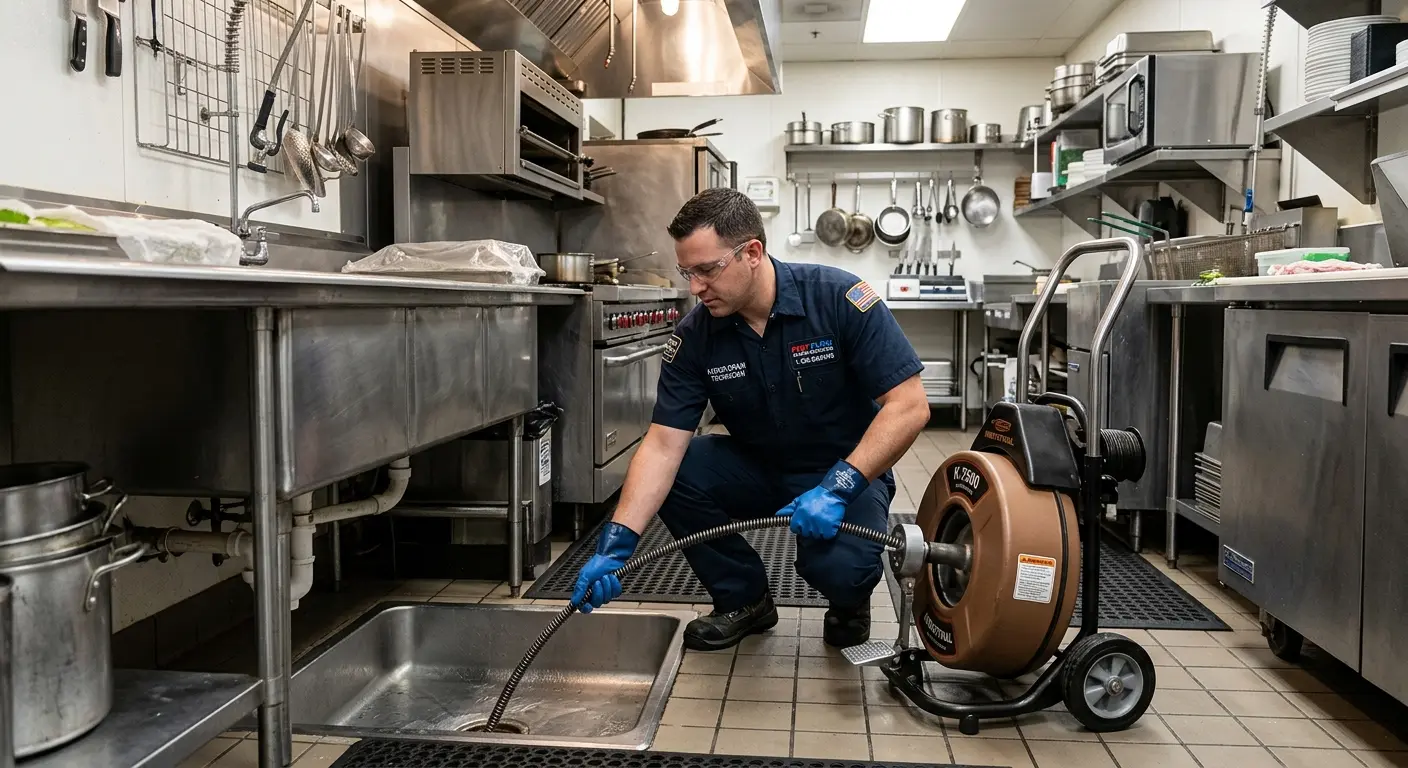 Commercial drain cleaning service in a restaurant kitchen in Coral Gables