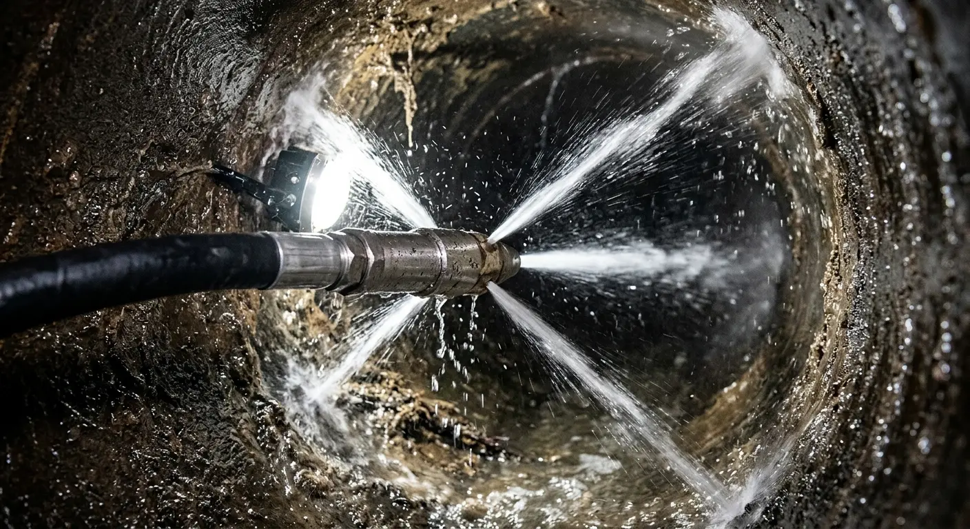 High-pressure hydro jetting nozzle cleaning sewer pipe for Sewer Cleanout in Coral Gables