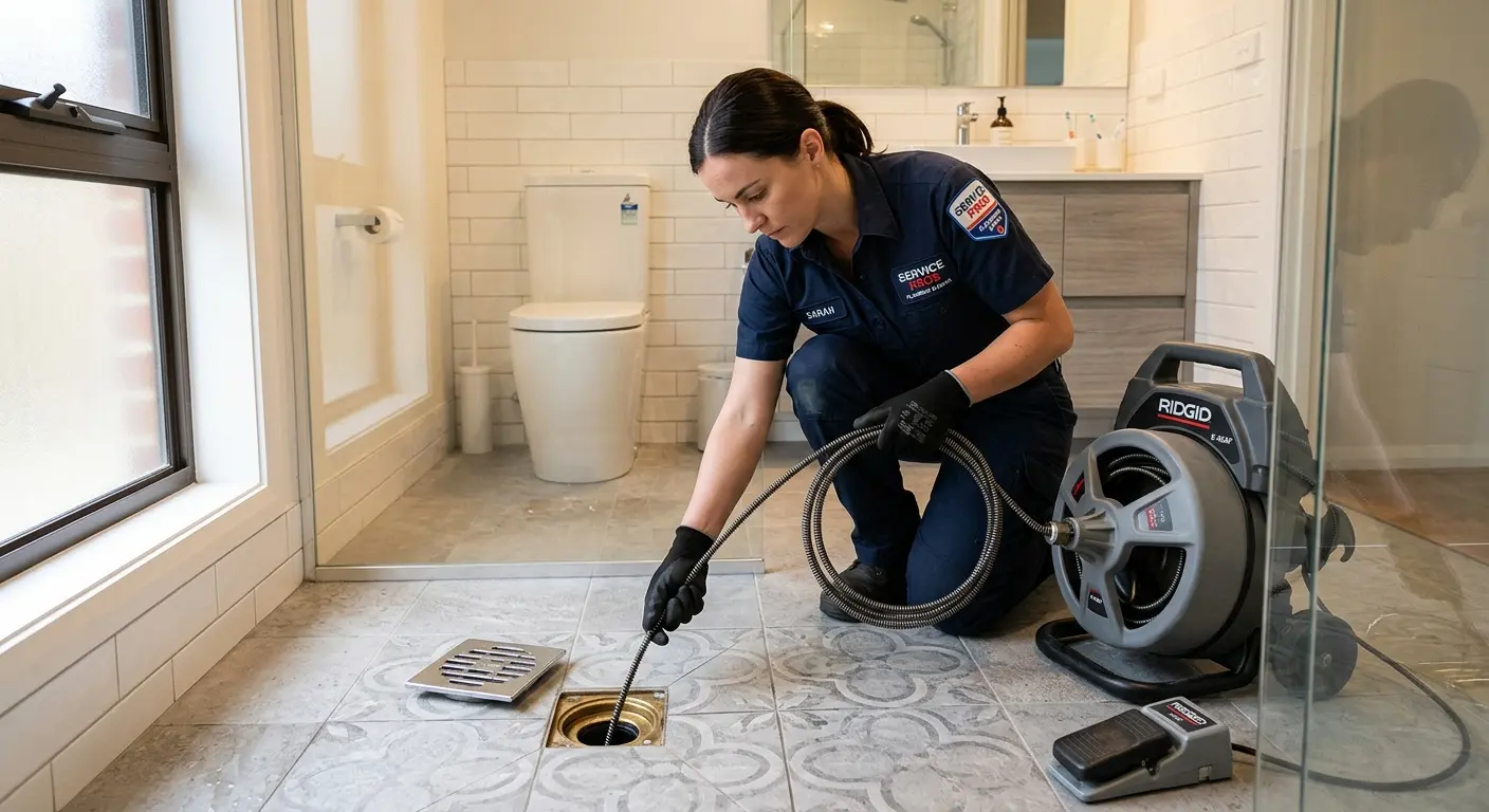 Technician clearing a bathroom floor drain for Drain Cleaning in Coral Gables